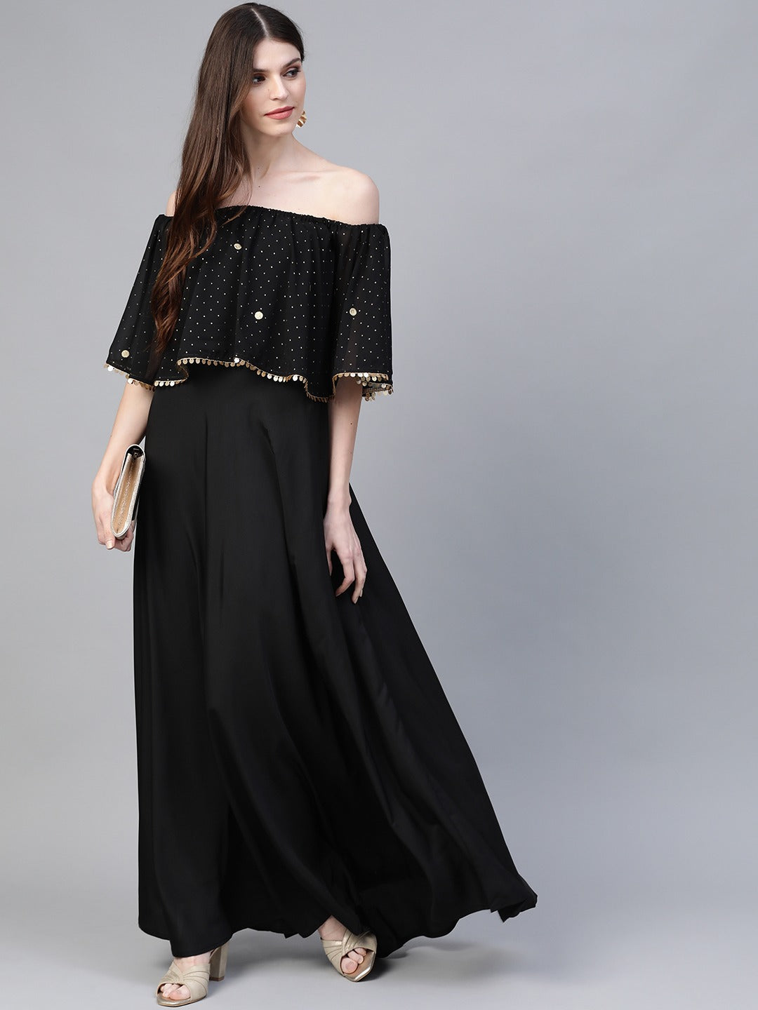 Ahalyaa Women Black & Golden Foil Printed Detail Off-Shoulder Layered Maxi Dress