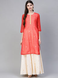 Thumbnail for Ahalyaa Women Cream-Coloured & Red Bandhani Foil Printed Layered Maxi Dress