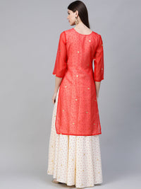 Thumbnail for Ahalyaa Women Cream-Coloured & Red Bandhani Foil Printed Layered Maxi Dress