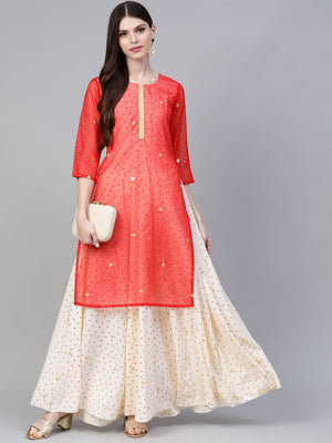 Ahalyaa Women Cream-Coloured & Red Bandhani Foil Printed Layered Maxi Dress