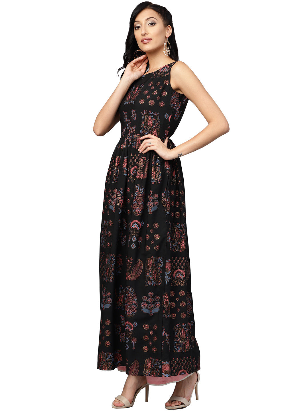 Ahalyaa Black Printed Flare Kurta Dress For Women