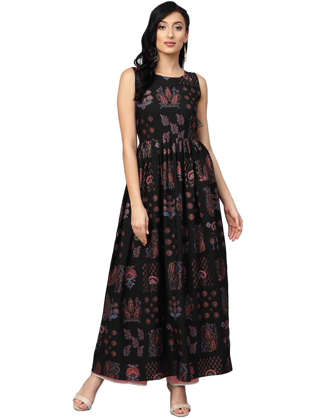 Ahalyaa Black Printed Flare Kurta Dress For Women