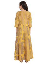 Thumbnail for Ahalyaa Mustard Yellow & Grey Printed Fit and Flare Maxi Dress