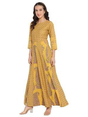 Ahalyaa Mustard Yellow & Grey Printed Fit and Flare Maxi Dress