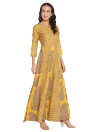 Thumbnail for Ahalyaa Mustard Yellow & Grey Printed Fit and Flare Maxi Dress