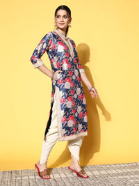 Thumbnail for Ahalyaa Women Navy Blue Floral Printed Pleated Kurta with Dhoti Pants - Distacart