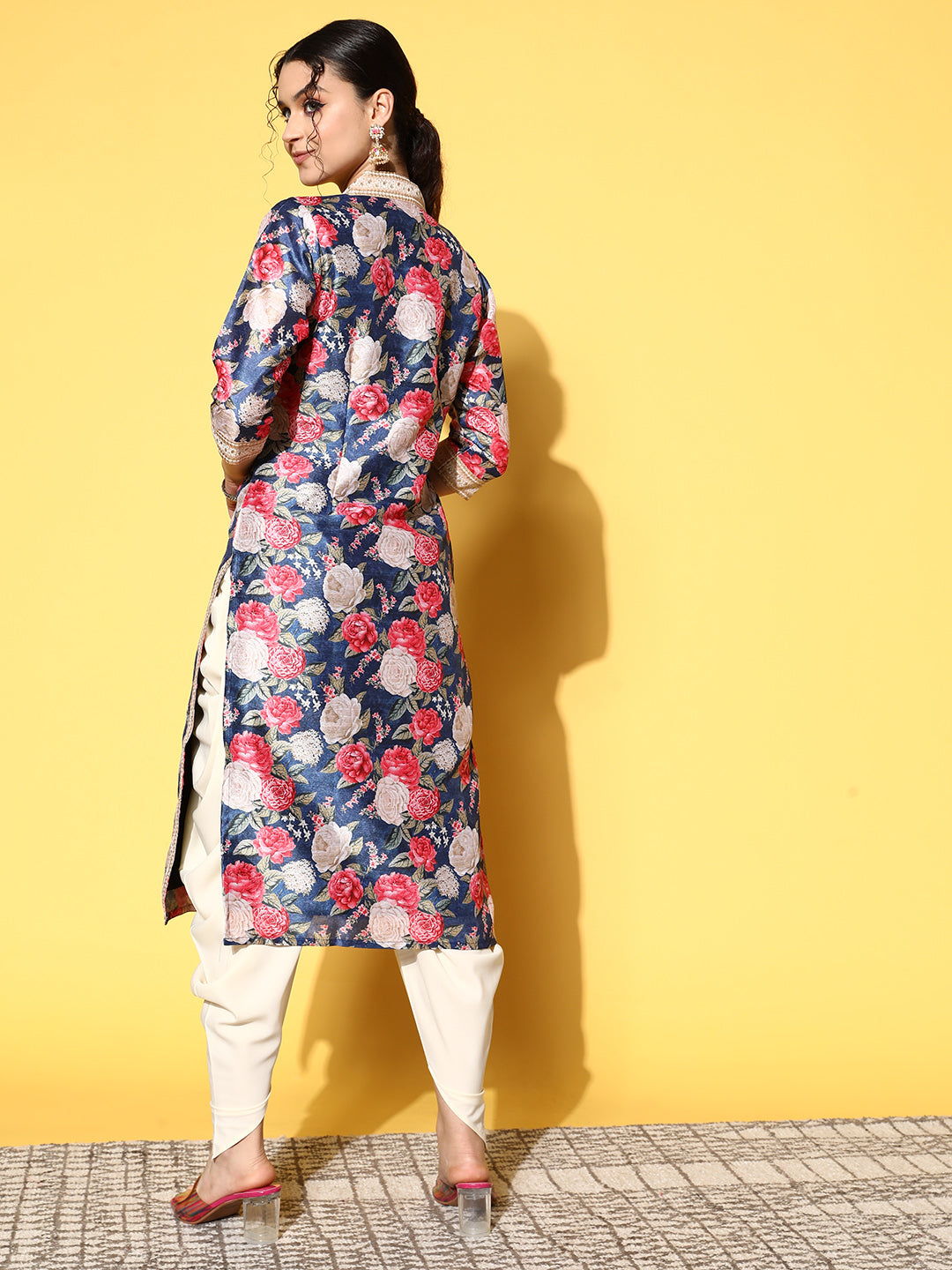 Ahalyaa Women Navy Blue Floral Printed Pleated Kurta with Dhoti Pants - Distacart