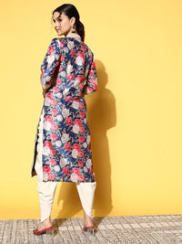 Thumbnail for Ahalyaa Women Navy Blue Floral Printed Pleated Kurta with Dhoti Pants - Distacart