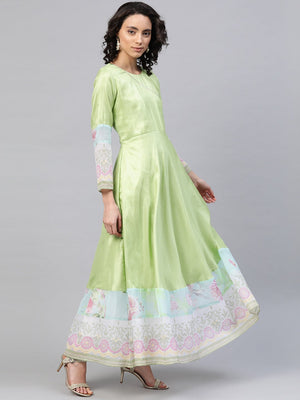 Ahalyaa Women Beautiful Lime Green & Blue Solid Angrakha Kurta With Screen Printed Dupatta