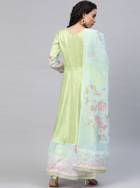 Thumbnail for Ahalyaa Women Beautiful Lime Green & Blue Solid Angrakha Kurta With Screen Printed Dupatta