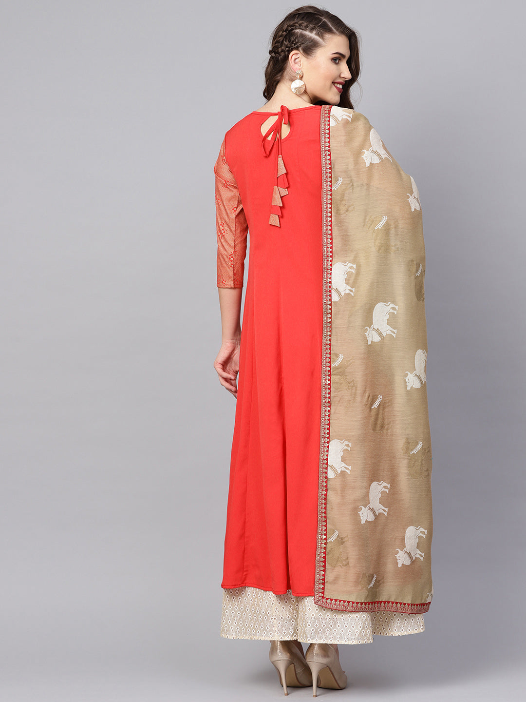 Ahalyaa Women Coral Red Solid A-Line Kurta With Dupatta