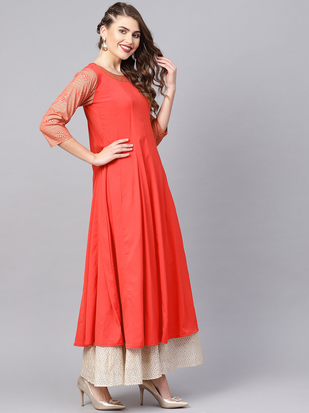 Ahalyaa Women Coral Red Solid A-Line Kurta With Dupatta