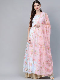 Thumbnail for Ahalyaa Women Blue & Pink Floral Printed Anarkali Kurta with Dupatta