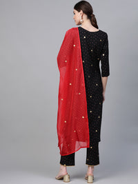 Thumbnail for Ahalyaa Women Black & Pink Bandhani Khari Printed Kurta with Trousers & Dupatta