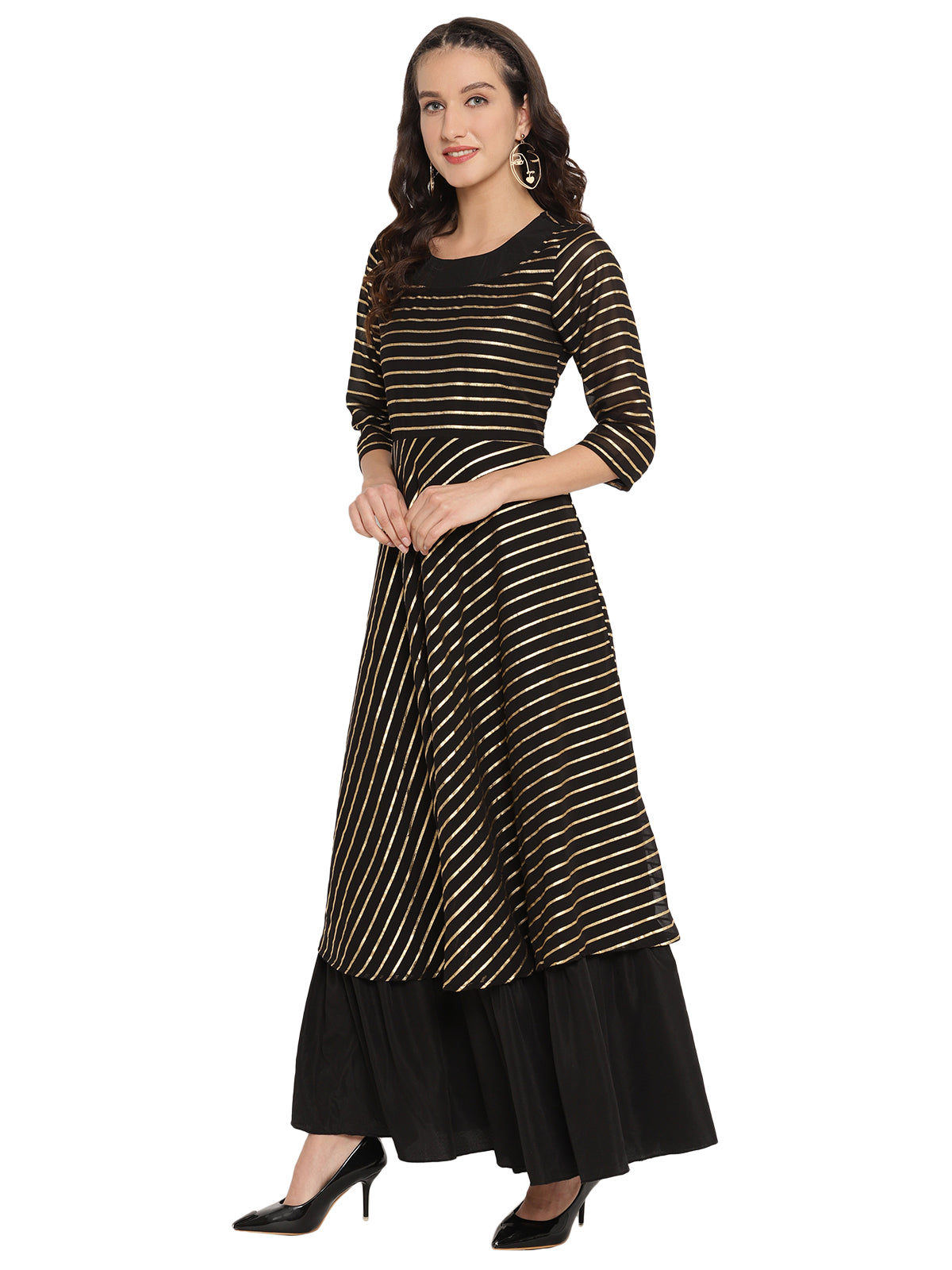 Ahalyaa Black & Golden Striped Layered Maxi Dress