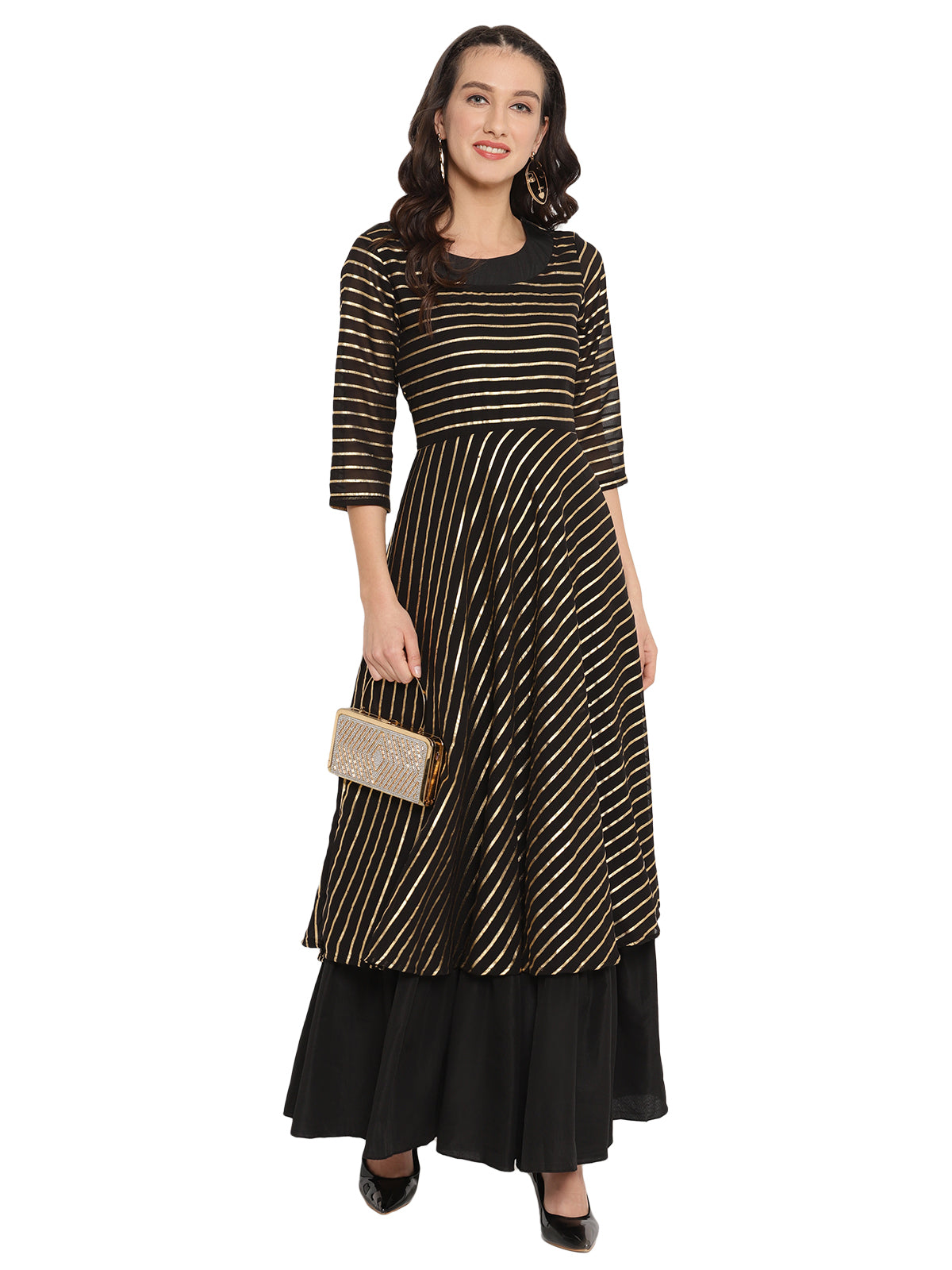 Ahalyaa Black & Golden Striped Layered Maxi Dress
