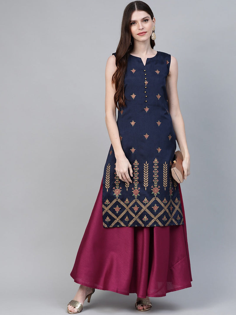 Ahalyaa Women Navy Blue &amp; Magenta Ethnic Sreen Printed Layered Maxi Dress