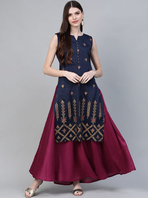 Ahalyaa Women Navy Blue & Magenta Ethnic Sreen Printed Layered Maxi Dress