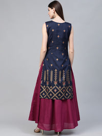 Thumbnail for Ahalyaa Women Navy Blue & Magenta Ethnic Sreen Printed Layered Maxi Dress