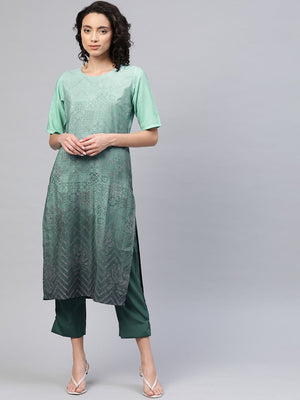 Ahalyaa Women Sea Green & Blue Printed Kurta With Trousers