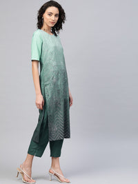 Thumbnail for Ahalyaa Women Sea Green & Blue Printed Kurta With Trousers