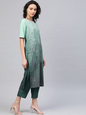Ahalyaa Women Sea Green & Blue Printed Kurta With Trousers