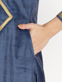 Thumbnail for Ahalyaa Women's Navy Solid Velvet Angrakha Kurta With Gold Printed Pant