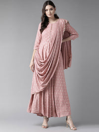 Thumbnail for Ahalyaa Pink & Golden Printed Maxi Dress With Attached Dupatta