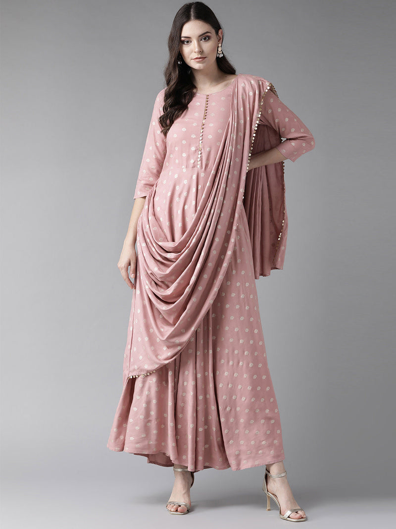 Ahalyaa Pink &amp; Golden Printed Maxi Dress With Attached Dupatta