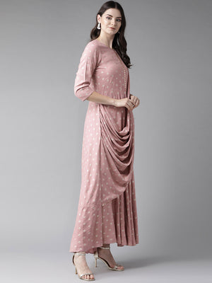 Ahalyaa Pink & Golden Printed Maxi Dress With Attached Dupatta
