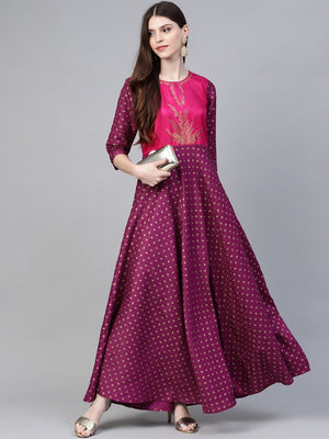 Ahalyaa Women Purple & Golden Screen Printed Maxi Dress