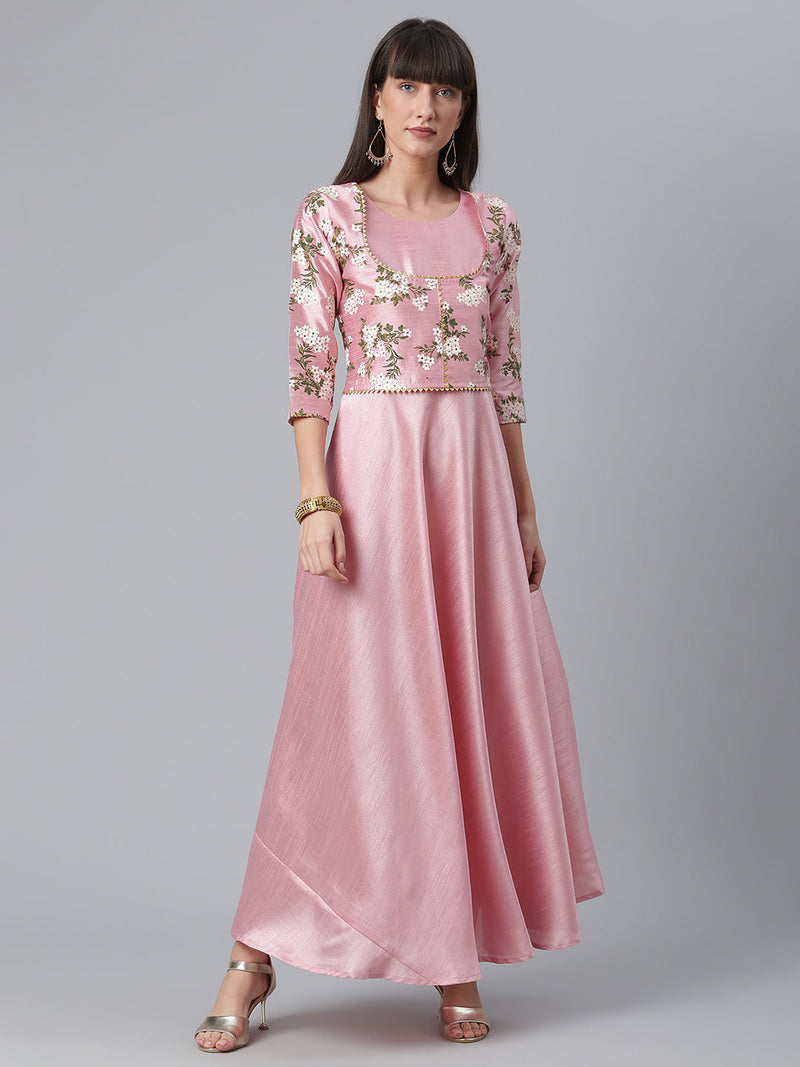 Ahalyaa Art Silk Pink Solid Kurta With Attached Floral Print Jacket