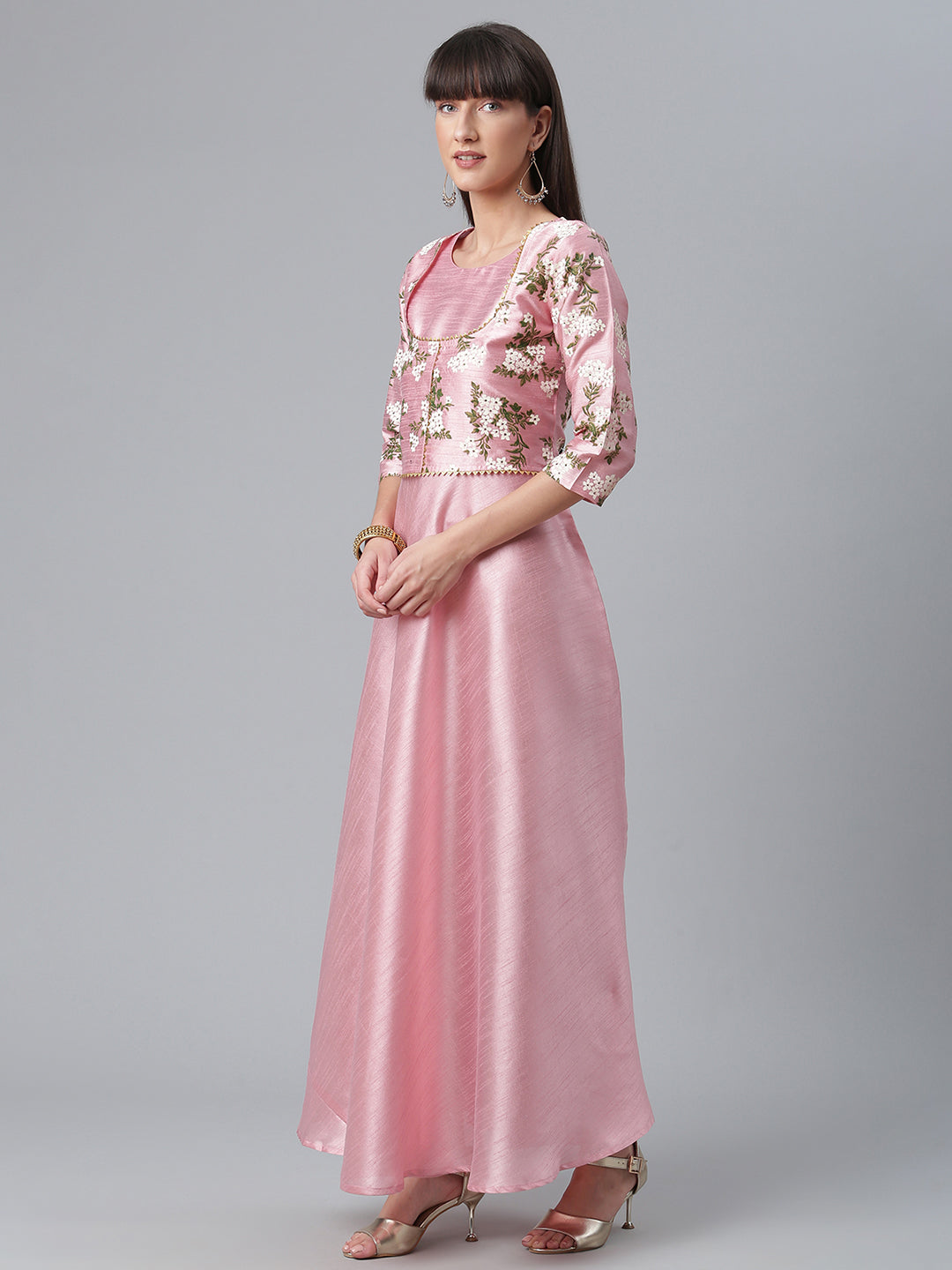 Ahalyaa Art Silk Pink Solid Kurta With Attached Floral Print Jacket