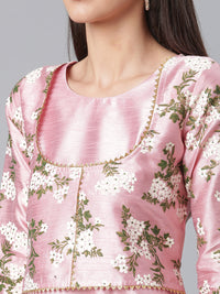 Thumbnail for Ahalyaa Art Silk Pink Solid Kurta With Attached Floral Print Jacket