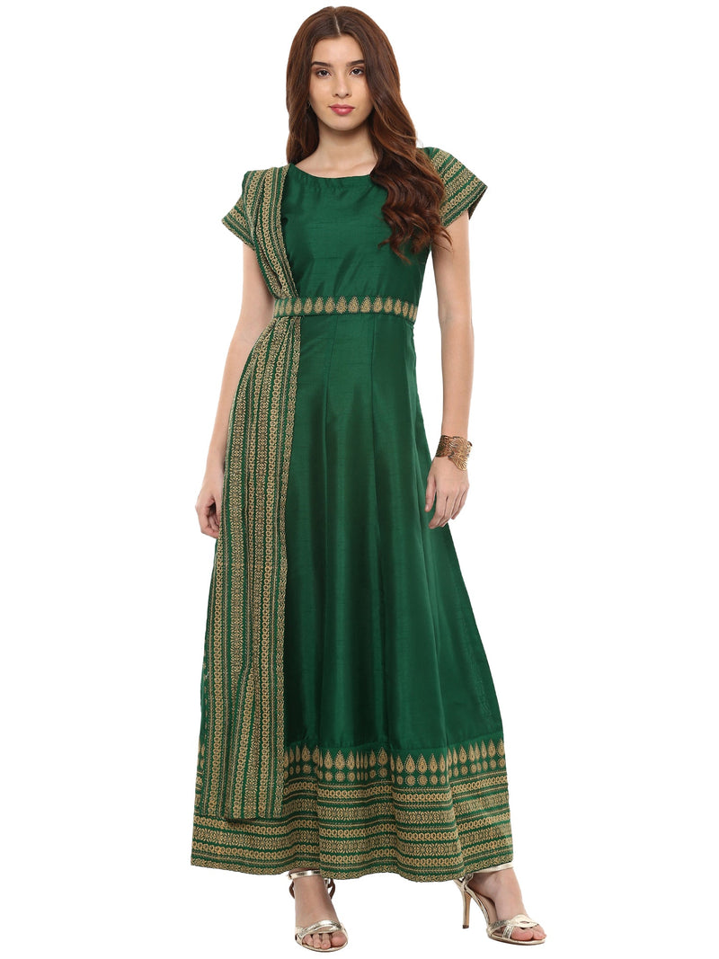 Ahalyaa Printed Faux Silk Anarkali With Attached Dupatta