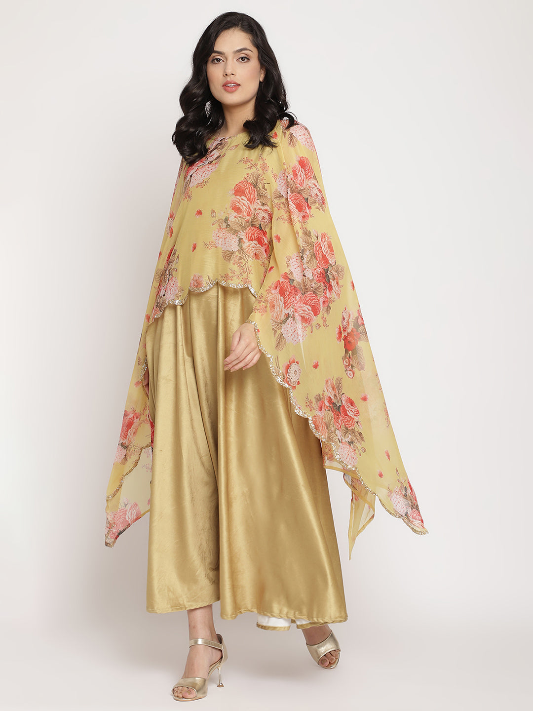 Ahalyaa Women's Mustard Color Velvet Kurta With Attached Printed Dupatta
