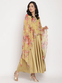 Thumbnail for Ahalyaa Women's Mustard Color Velvet Kurta With Attached Printed Dupatta