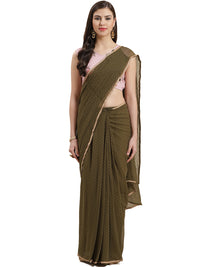 Thumbnail for Ahalyaa Olive Green Pleated Woven Design Saree Set