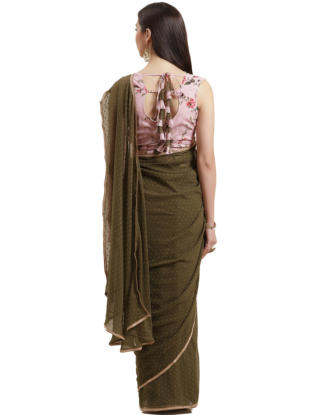 Ahalyaa Olive Green Pleated Woven Design Saree Set