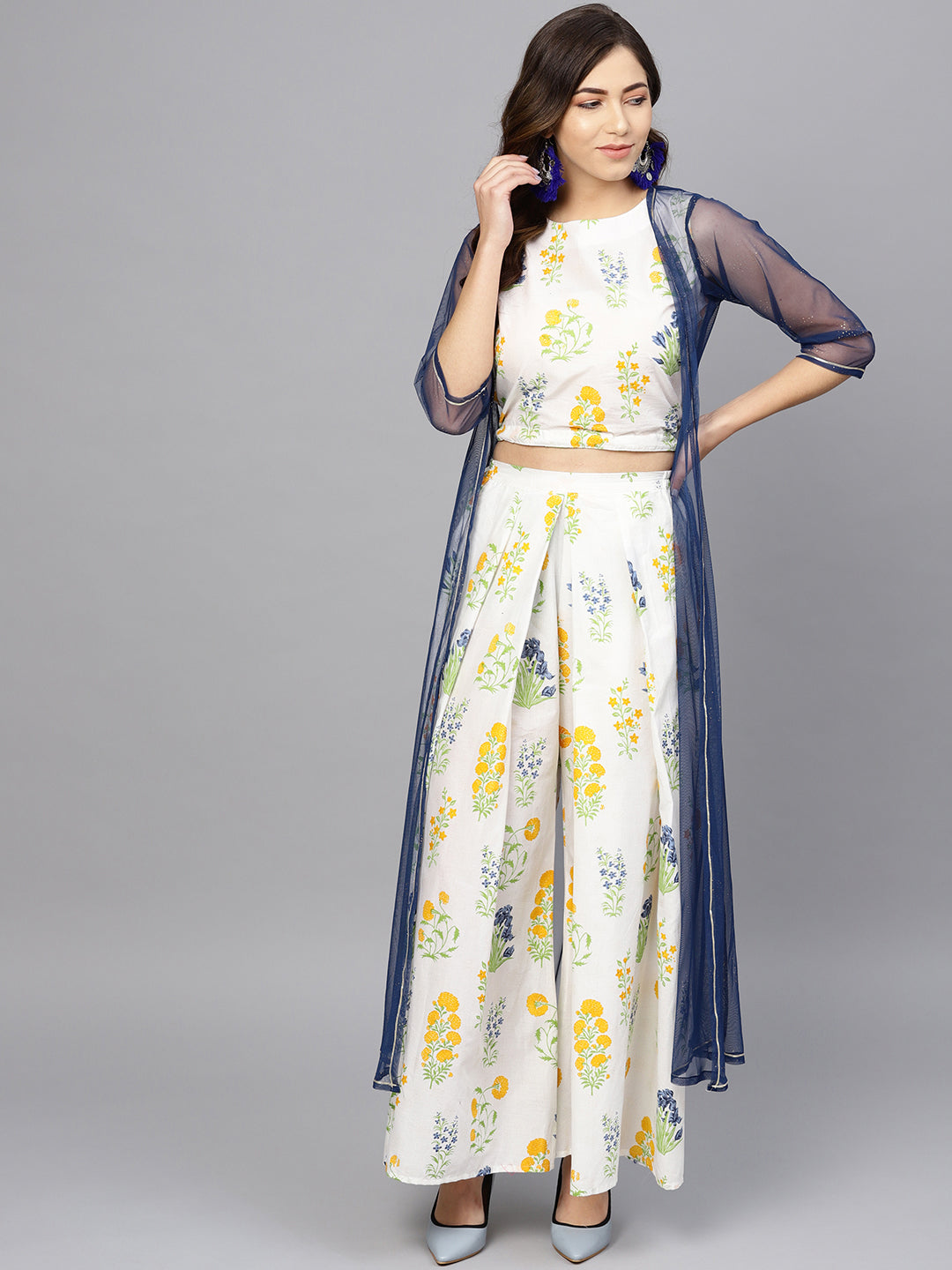Ahalyaa Women White & Blue Printed Crop Top with Palazzos & Ethnic Jacket