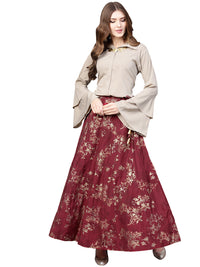 Thumbnail for Ahalyaa Indowestern Beige & Maroon Shirt With Skirt Set