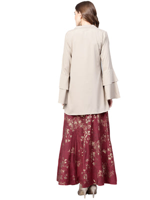 Ahalyaa Indowestern Beige & Maroon Shirt With Skirt Set