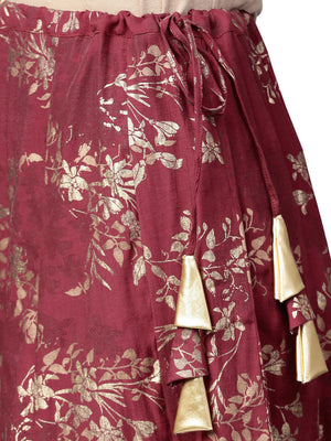 Ahalyaa Indowestern Beige & Maroon Shirt With Skirt Set
