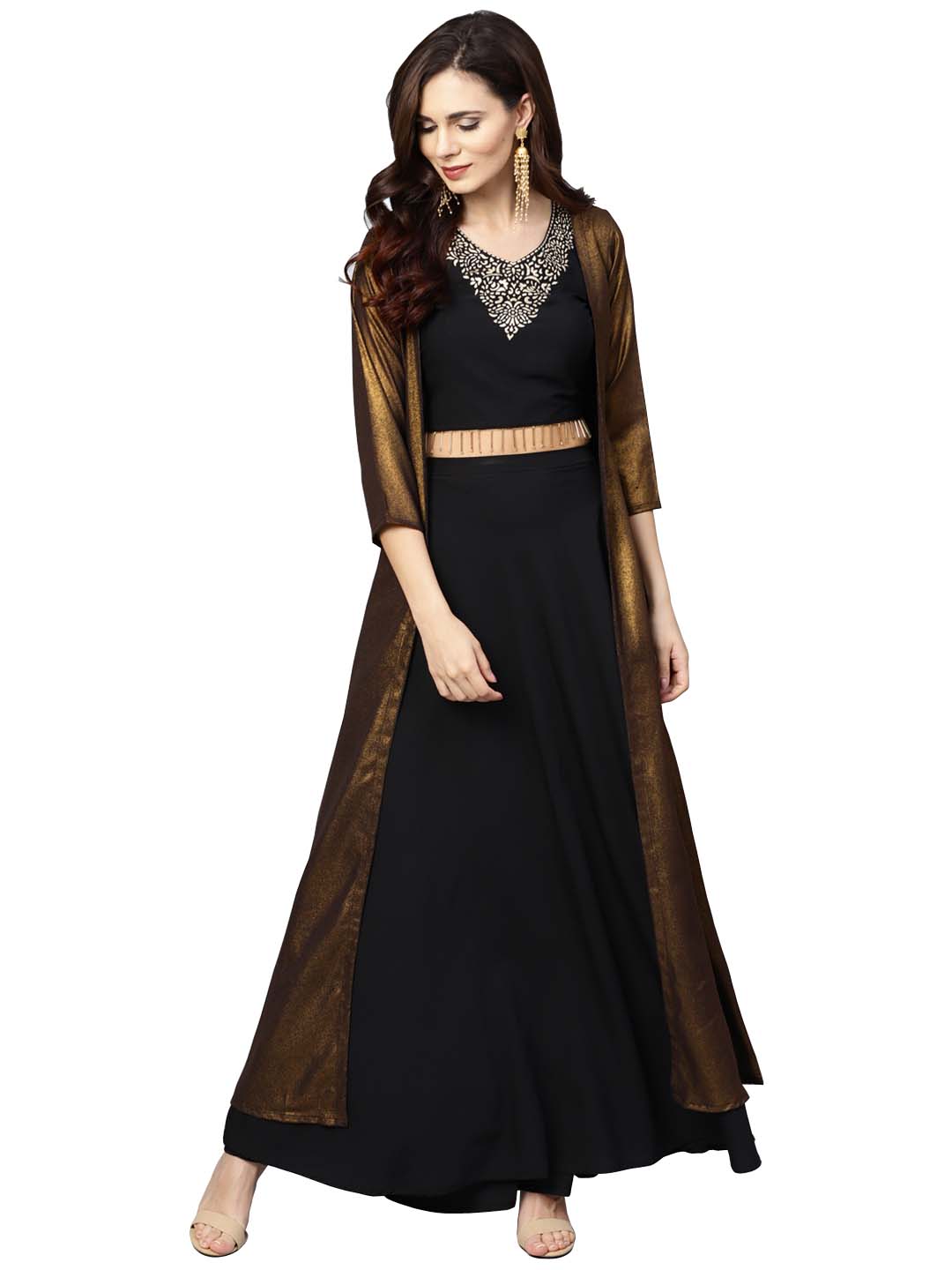 Ahalyaa Black Golden Straight Crepe & Georgette Kurta Set