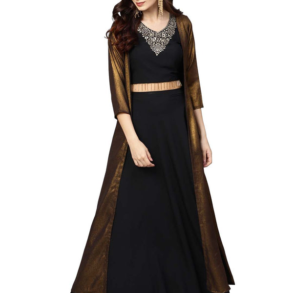Ahalyaa Black Golden Straight Crepe & Georgette Kurta Set