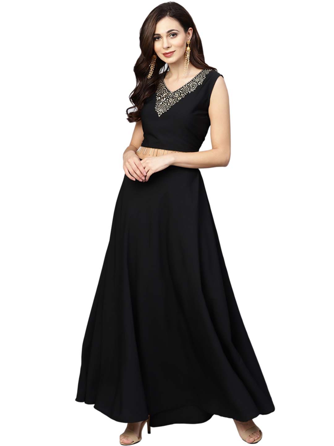 Ahalyaa Black Golden Straight Crepe & Georgette Kurta Set