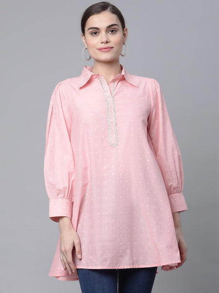 Ahalyaa Women Baby Pink Pure Cotton Printed Tunic