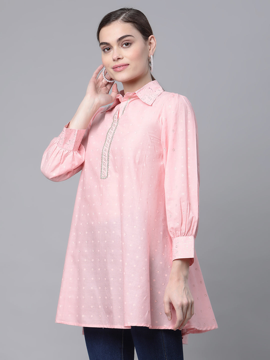 Ahalyaa Women Baby Pink Pure Cotton Printed Tunic
