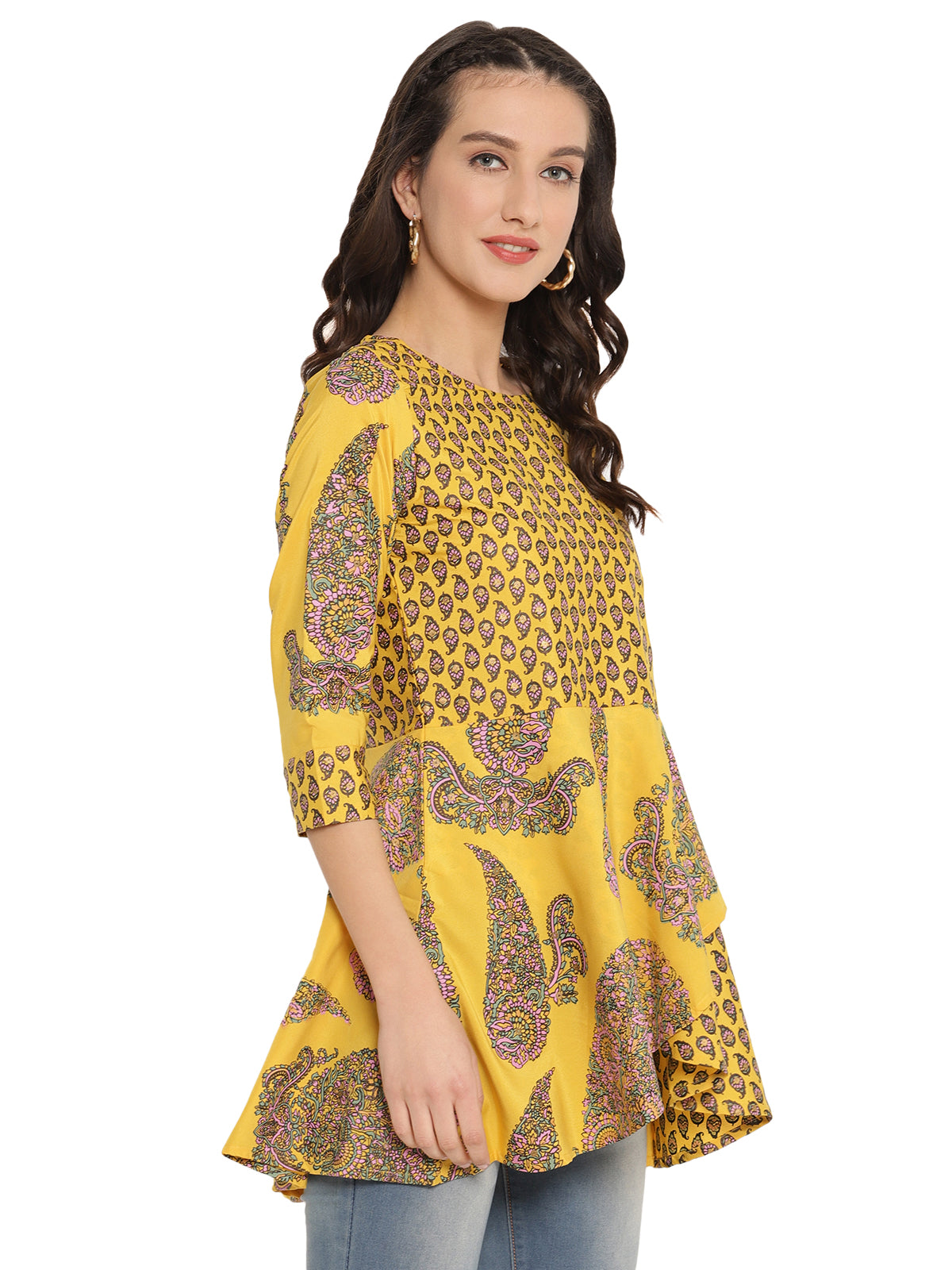 Ahalyaa Mustard Printed Layerd Tunic