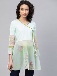 Thumbnail for Ahalyaa Ahalya Women Sea Green & Pink Floral Print Semi-Sheer Angrakha Tunic